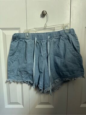 Light Blue Drawstring Frayed Hem Women's Shorts
